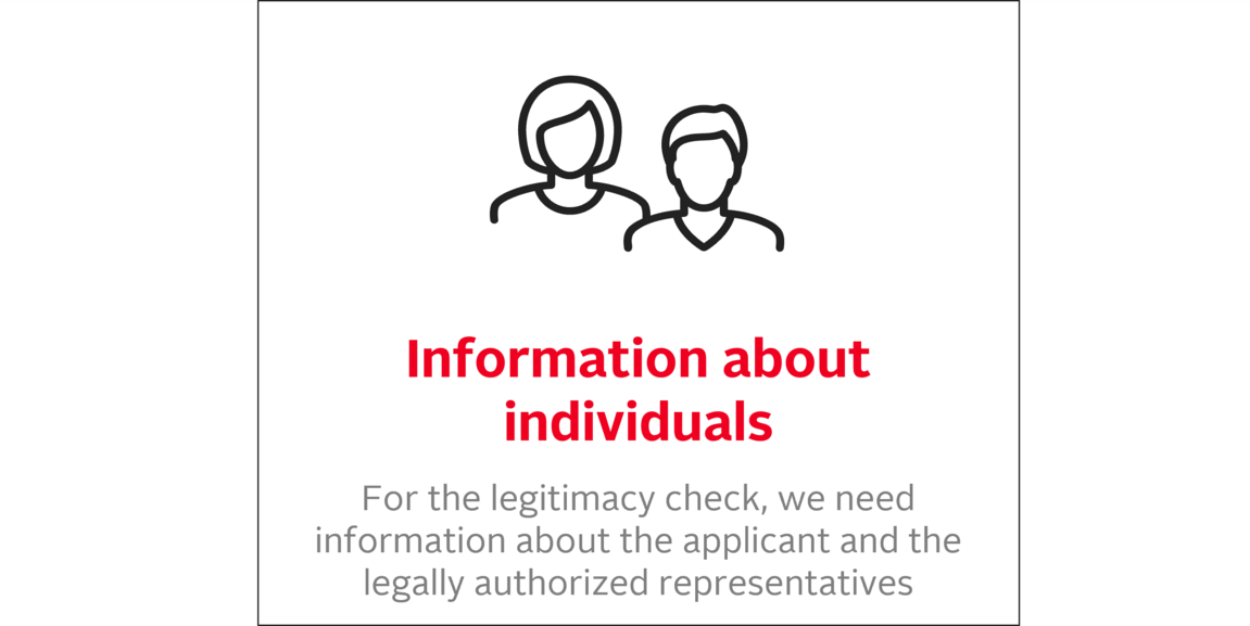 Information about individuals: For the legitimacy check, we need information about the applicant and the legally authorized representatives