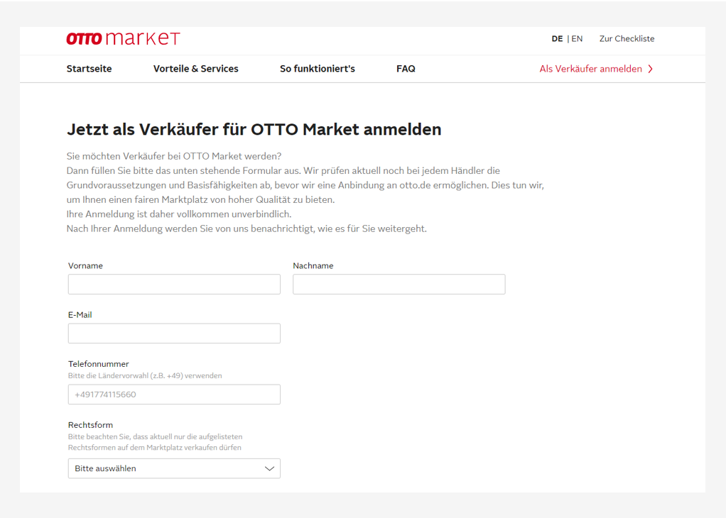 Screenshot des Registrierungsformulars