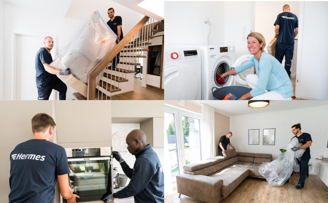 Four small pictures showing the assembly and installation of goods at the customer's premises.