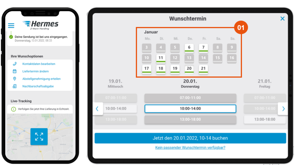 Illustration of the shipment tracking on the mobile phone and the delivery appointment booking on the tablet