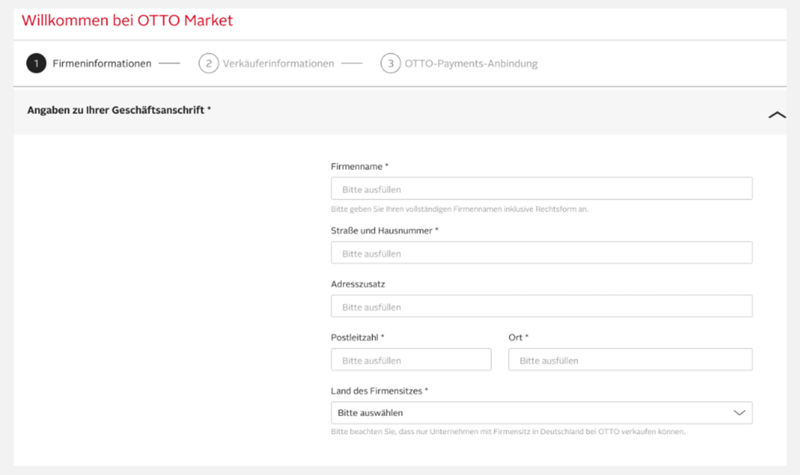 Screenshot des Formulars für Ihre Firmeninformationen